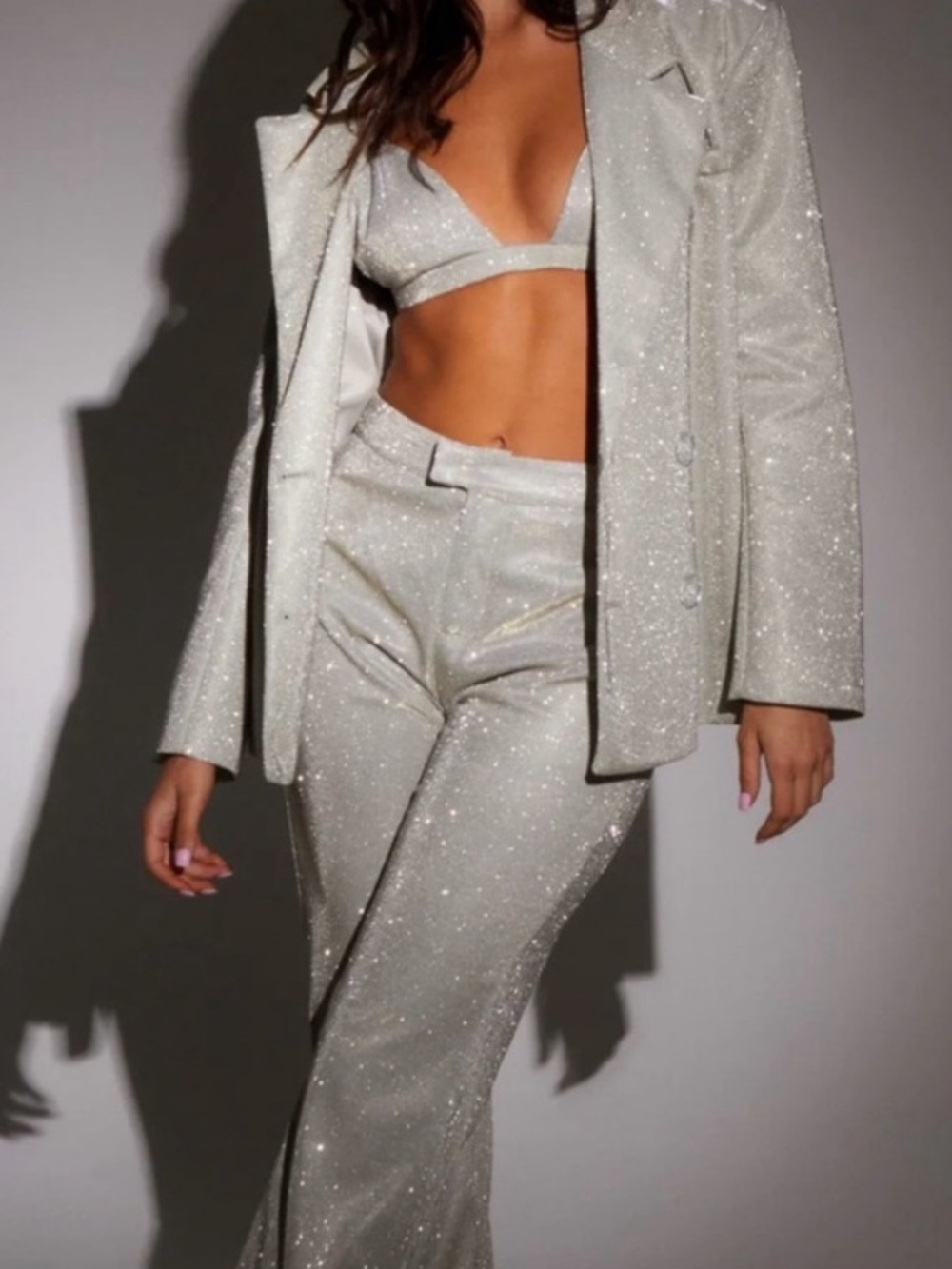 Glitter Wide-Leg Pants with Matching Crop Top - Silver